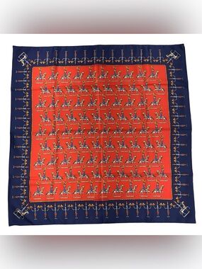 Hermes Silk Scarf Les Artificiers Carre 90 Michel Duchene Navy Red Gold